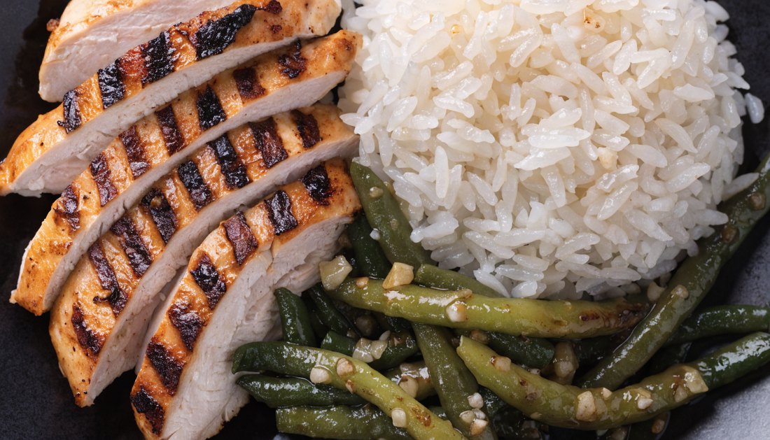 Grilled chicken, jasmine rice and garlic green beans